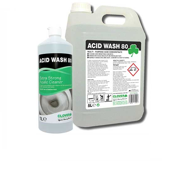 Clover Acid Wash 80 zure is een sterk geconcentreerde zure reiniger voor het verwijderen van roestvlekken, cementvlekken en ernstige kalkaanslag. Acid Wash 80 is ideaal voor het reinigen van betonvloeren, metselwerk en steen en verwijdert betonresten en cementsluier van oppervlakken.