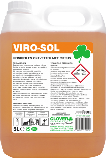 Clover Viro-sol is een krachtige reiniger om vuil, olie, vet en nicotine te verwijderen (5 liter)