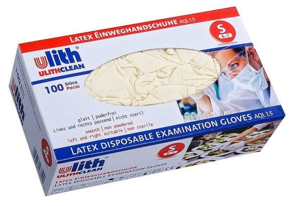 Ulith Latex wegwerphandschoenen transparant, sterke kwaliteit ca. 5.9 gram, 100 stuks